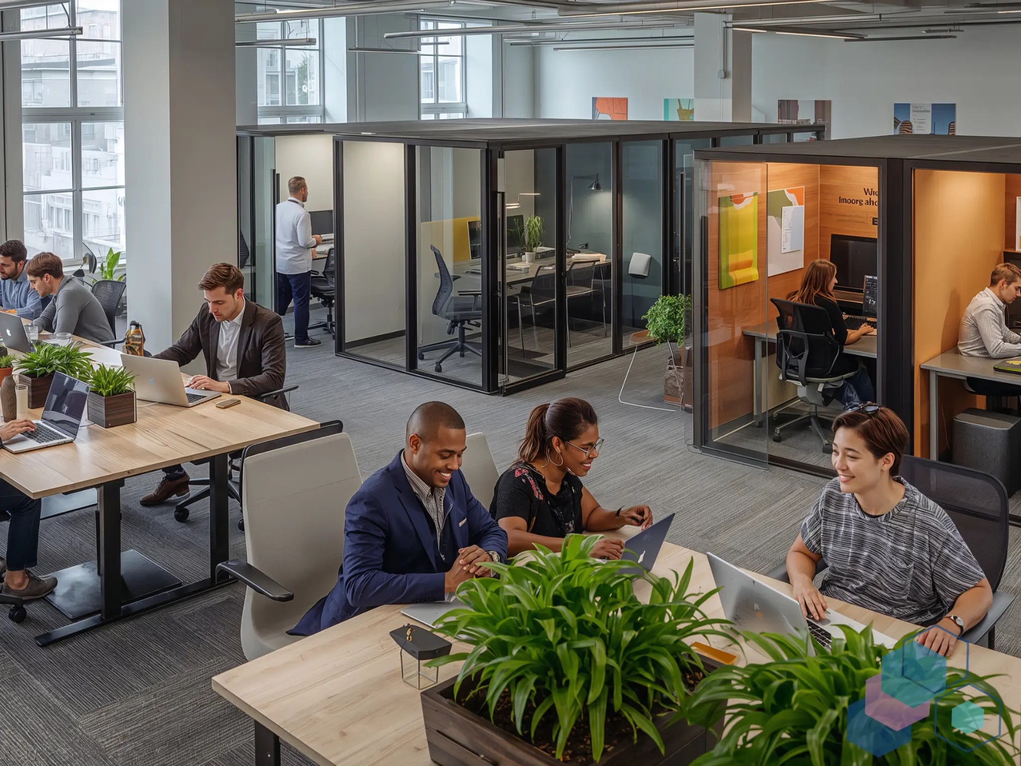Diverse professionals working in a modern inclusive open-plan office